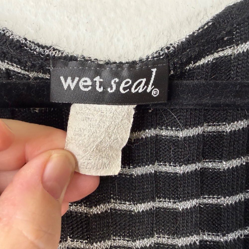 Wet Seal Women's Top Black Silver Stripes Sz M Y2K 90's Babydoll Belted - Picture 3 of 13